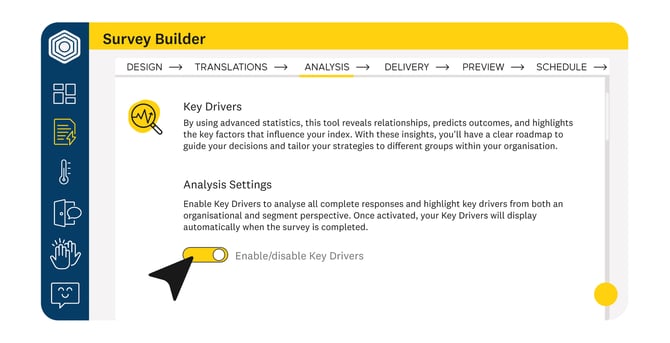 Enabling key drivers under the analysis tab in Hives survey builder