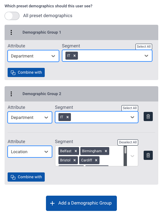 A screenshot of the Hive user demographic setup showing two demographic groups. One with Department:IT and another with Department:IT+All Locations